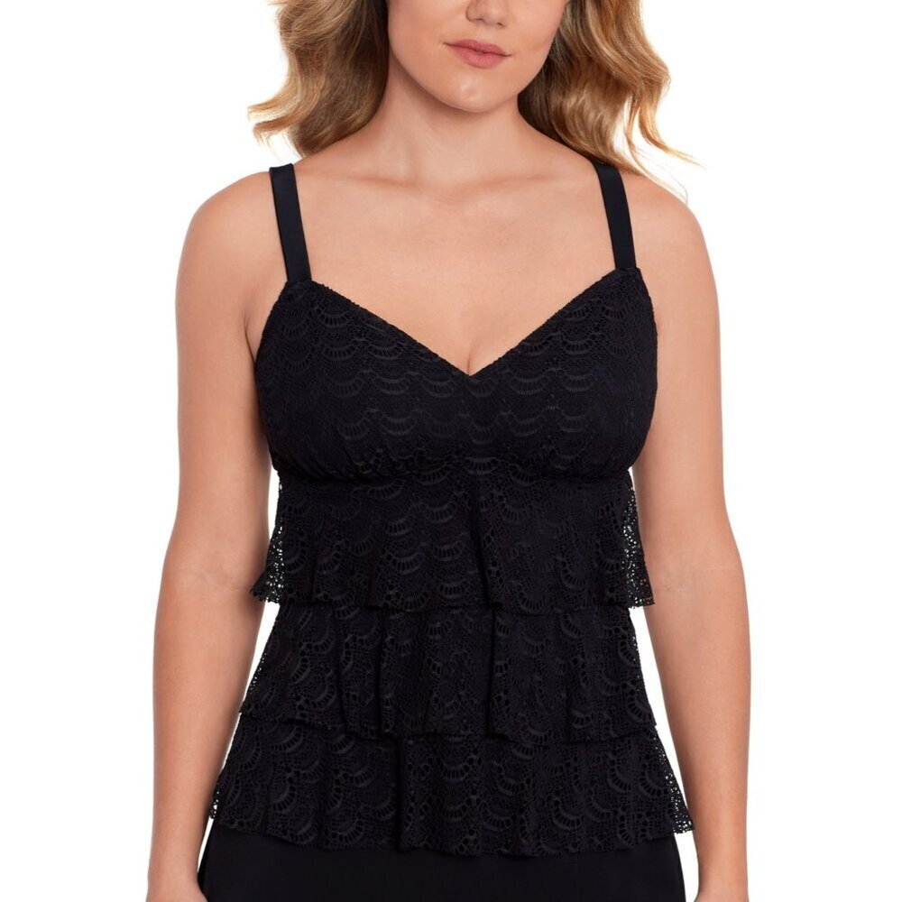 Swim Solutions Womens Size 12 V‎ Neck Crochet Tiered Tankini Top Black $72 2581